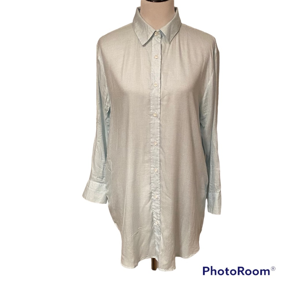 ONIA WOMENS TOP TUNIC BLOUSE BLUE WHITE STRIPE LONG TAB ROLL UP SLEEVE SIZE S